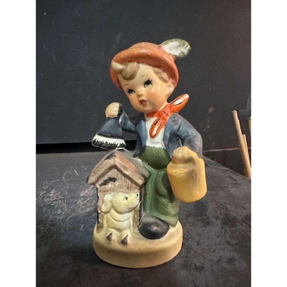 Vintage Japan Ceramic Boy Painting Doghouse Figurine Alpine Hummel Style 5.25"